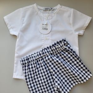 nwt babidu 12 month white shirt with navy and white gingham shorts